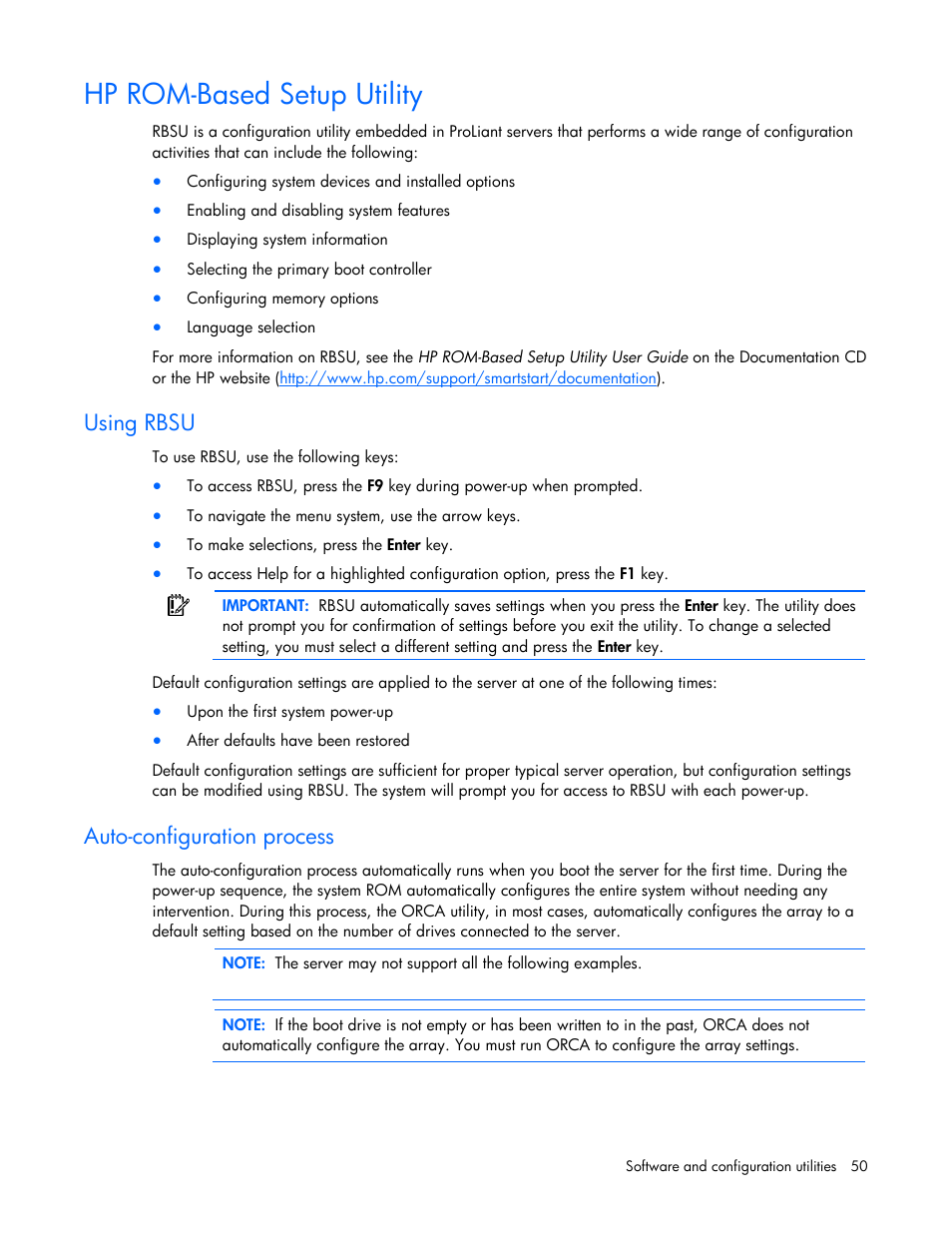 Hp rom-based setup utility, Using rbsu, Auto-configuration process | Hp rom-based setup, Utility | HP ProLiant BL465c G7 Server-Blade User Manual | Page 50 / 98