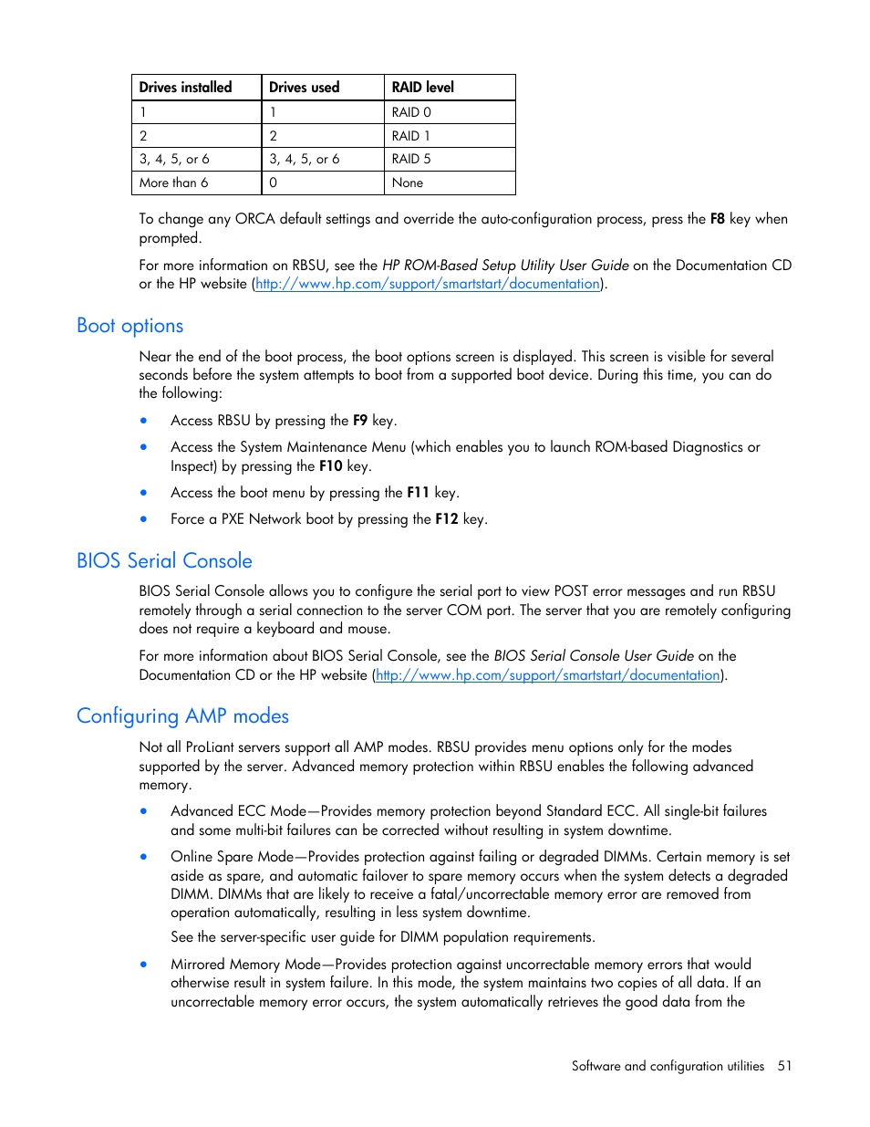 Boot options, Bios serial console, Configuring amp modes | HP ProLiant BL465c G7 Server-Blade User Manual | Page 51 / 98