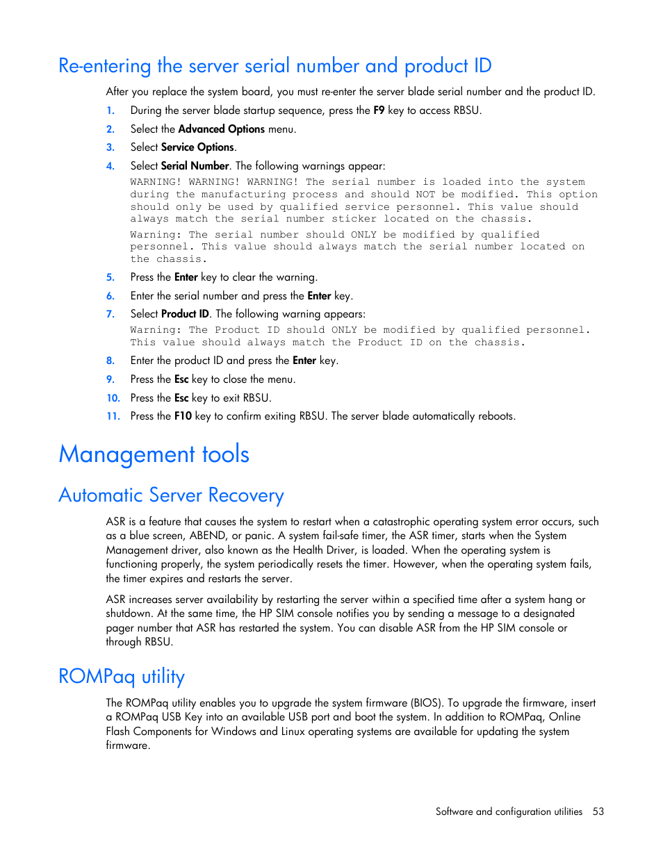 Management tools, Automatic server recovery, Rompaq utility | Automatic server recovery rompaq utility | HP ProLiant BL465c G7 Server-Blade User Manual | Page 53 / 98