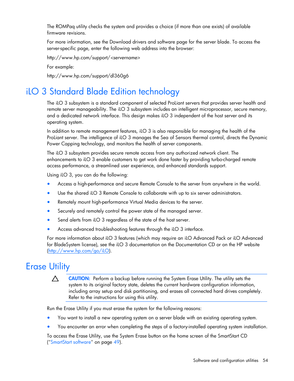 Ilo 3 standard blade edition technology, Erase utility | HP ProLiant BL465c G7 Server-Blade User Manual | Page 54 / 98