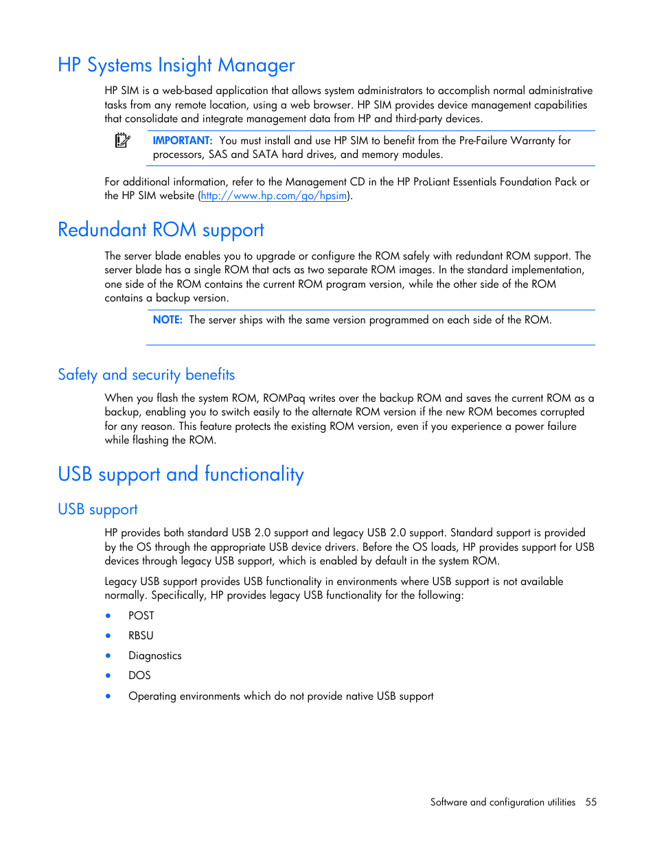 Hp systems insight manager, Redundant rom support, Safety and security benefits | Usb support and functionality, Usb support | HP ProLiant BL465c G7 Server-Blade User Manual | Page 55 / 98