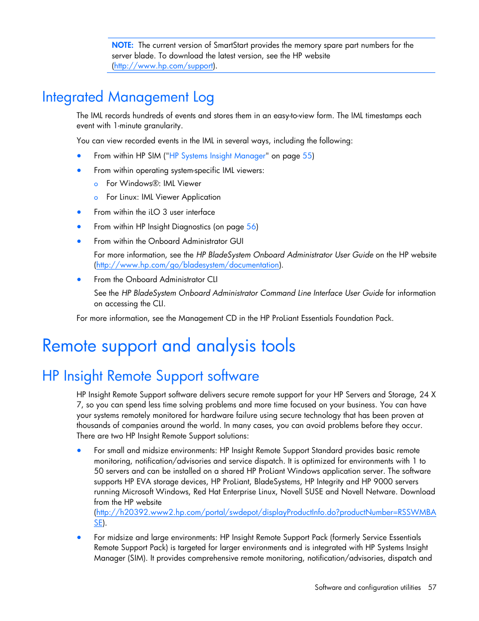 Integrated management log, Remote support and analysis tools, Hp insight remote support software | HP ProLiant BL465c G7 Server-Blade User Manual | Page 57 / 98