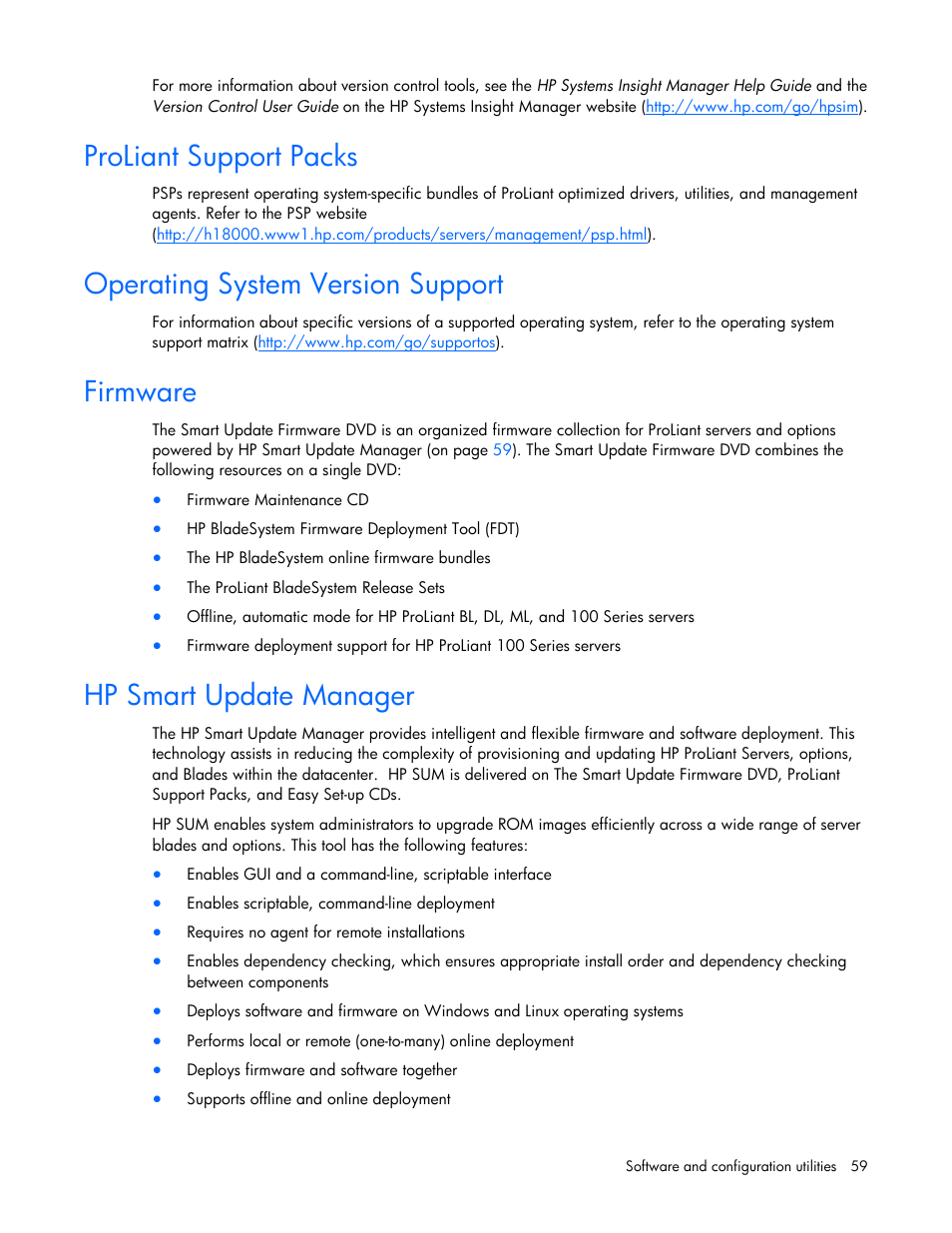 Proliant support packs, Operating system version support, Firmware | Hp smart update manager | HP ProLiant BL465c G7 Server-Blade User Manual | Page 59 / 98