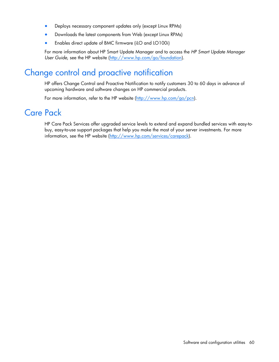 Change control and proactive notification, Care pack | HP ProLiant BL465c G7 Server-Blade User Manual | Page 60 / 98