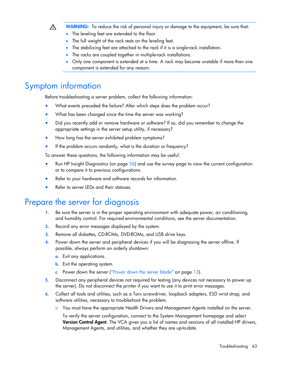 Symptom information, Prepare the server for diagnosis | HP ProLiant BL465c G7 Server-Blade User Manual | Page 63 / 98