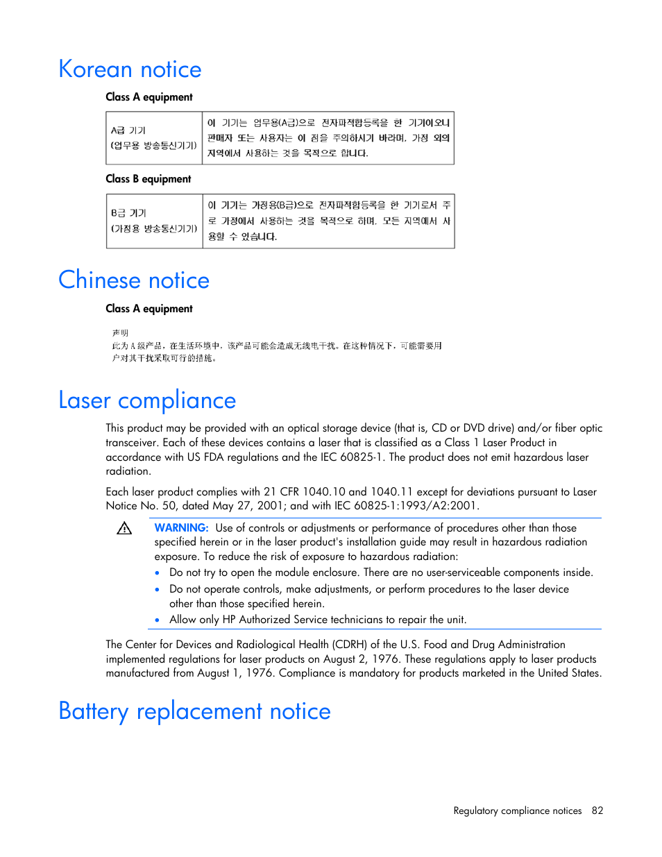 Korean notice, Chinese notice, Laser compliance | Battery replacement notice | HP ProLiant BL465c G7 Server-Blade User Manual | Page 82 / 98