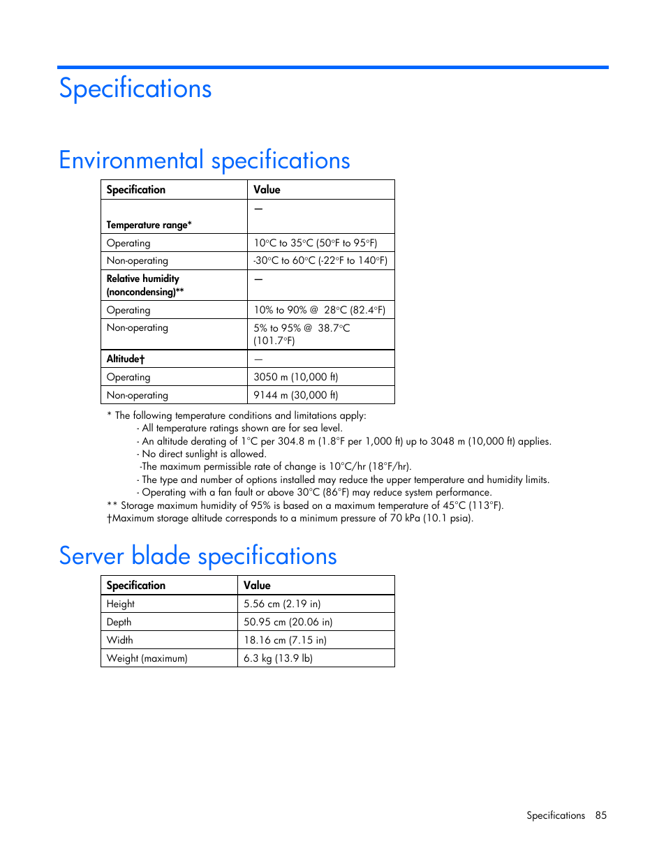 Specifications, Environmental specifications, Server blade specifications | HP ProLiant BL465c G7 Server-Blade User Manual | Page 85 / 98