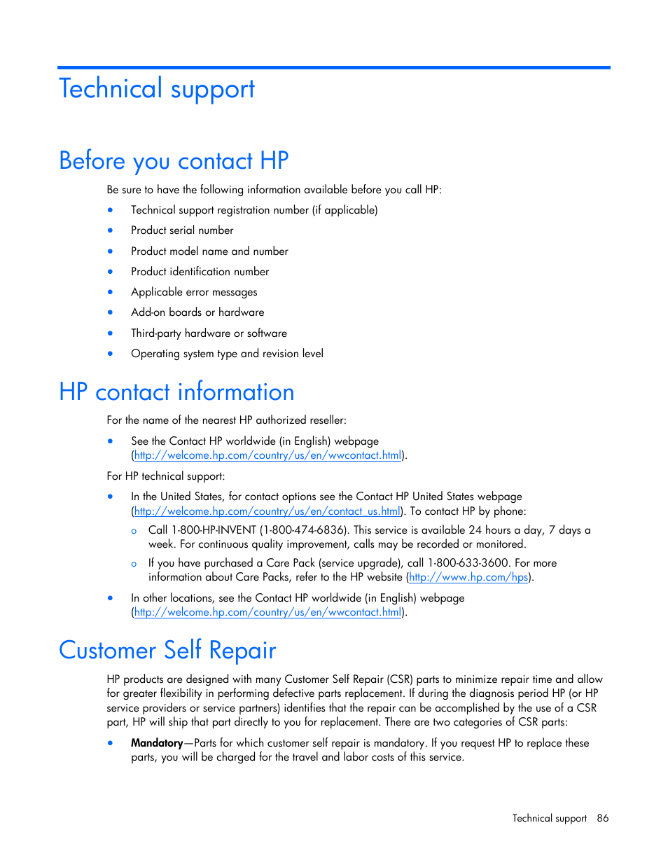 Technical support, Before you contact hp, Hp contact information | Customer self repair | HP ProLiant BL465c G7 Server-Blade User Manual | Page 86 / 98