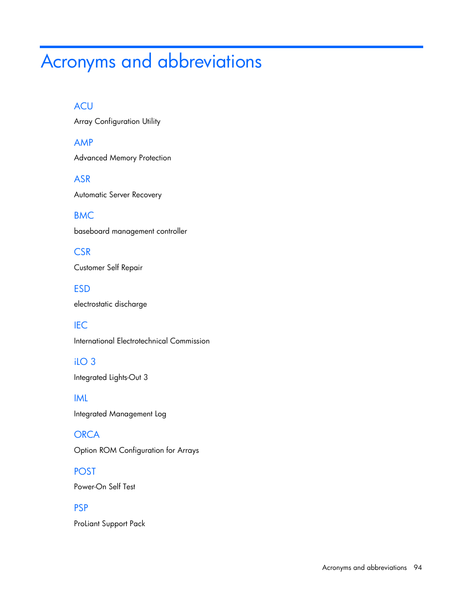 Acronyms and abbreviations | HP ProLiant BL465c G7 Server-Blade User Manual | Page 94 / 98