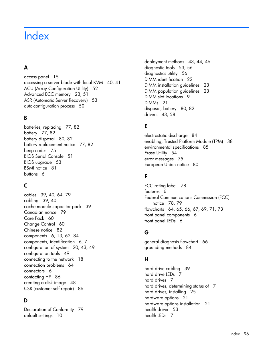 Index | HP ProLiant BL465c G7 Server-Blade User Manual | Page 96 / 98