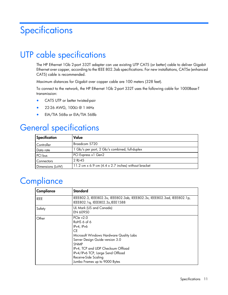 Specifications, Utp cable specifications, General specifications | Compliance | HP Ethernet 1Gb 4-port 331T Adapter User Manual | Page 11 / 17