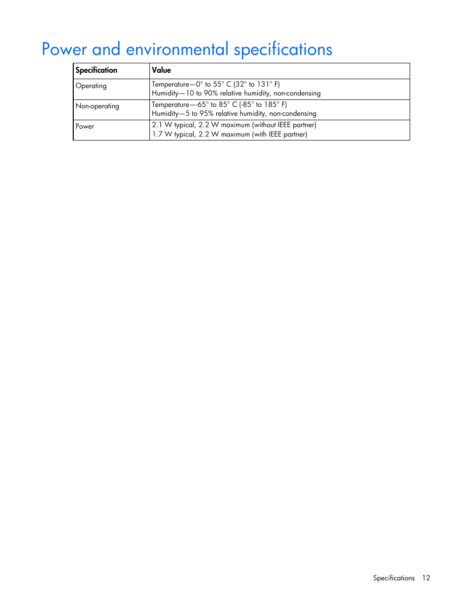 Power and environmental specifications | HP Ethernet 1Gb 4-port 331T Adapter User Manual | Page 12 / 17