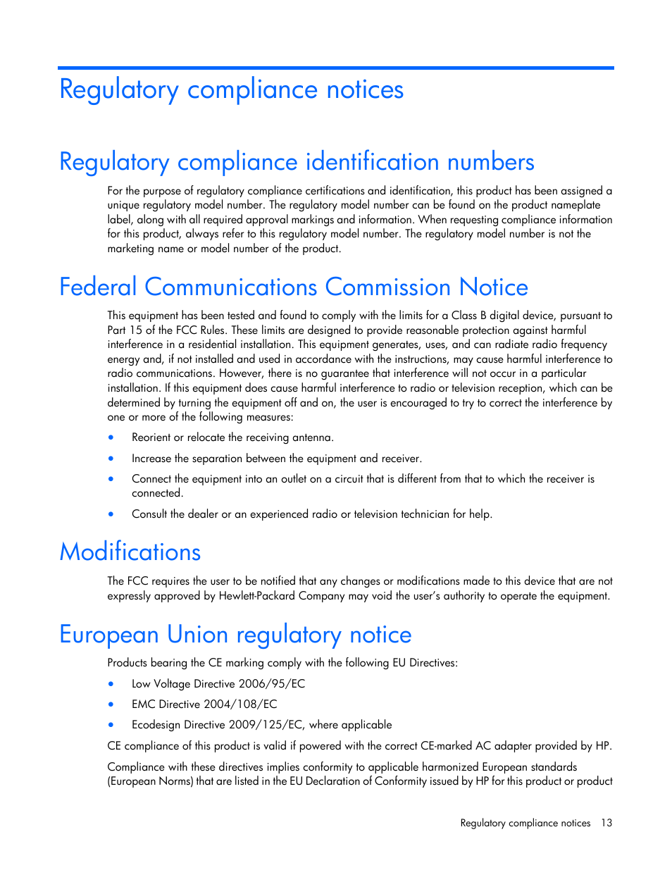 Regulatory compliance notices, Regulatory compliance identification numbers, Federal communications commission notice | Modifications, European union regulatory notice | HP Ethernet 1Gb 4-port 331T Adapter User Manual | Page 13 / 17