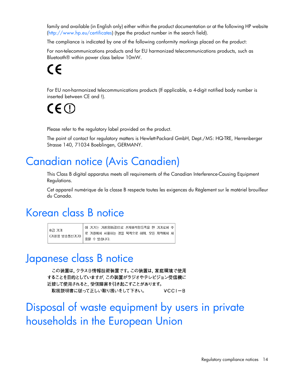 Canadian notice (avis canadien), Korean class b notice, Japanese class b notice | HP Ethernet 1Gb 4-port 331T Adapter User Manual | Page 14 / 17