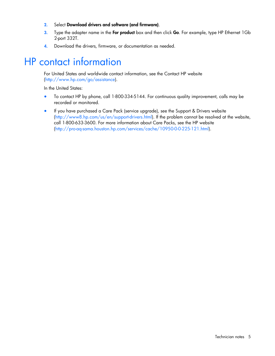 Hp contact information | HP Ethernet 1Gb 4-port 331T Adapter User Manual | Page 5 / 17