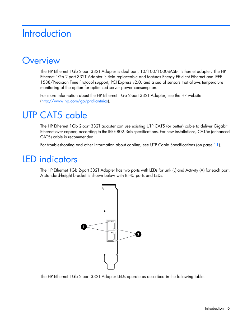 Introduction, Overview, Utp cat5 cable | Led indicators | HP Ethernet 1Gb 4-port 331T Adapter User Manual | Page 6 / 17