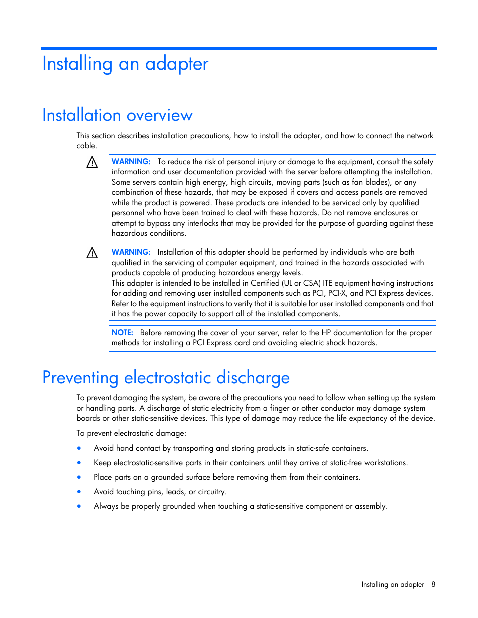 Installing an adapter, Installation overview, Preventing electrostatic discharge | HP Ethernet 1Gb 4-port 331T Adapter User Manual | Page 8 / 17
