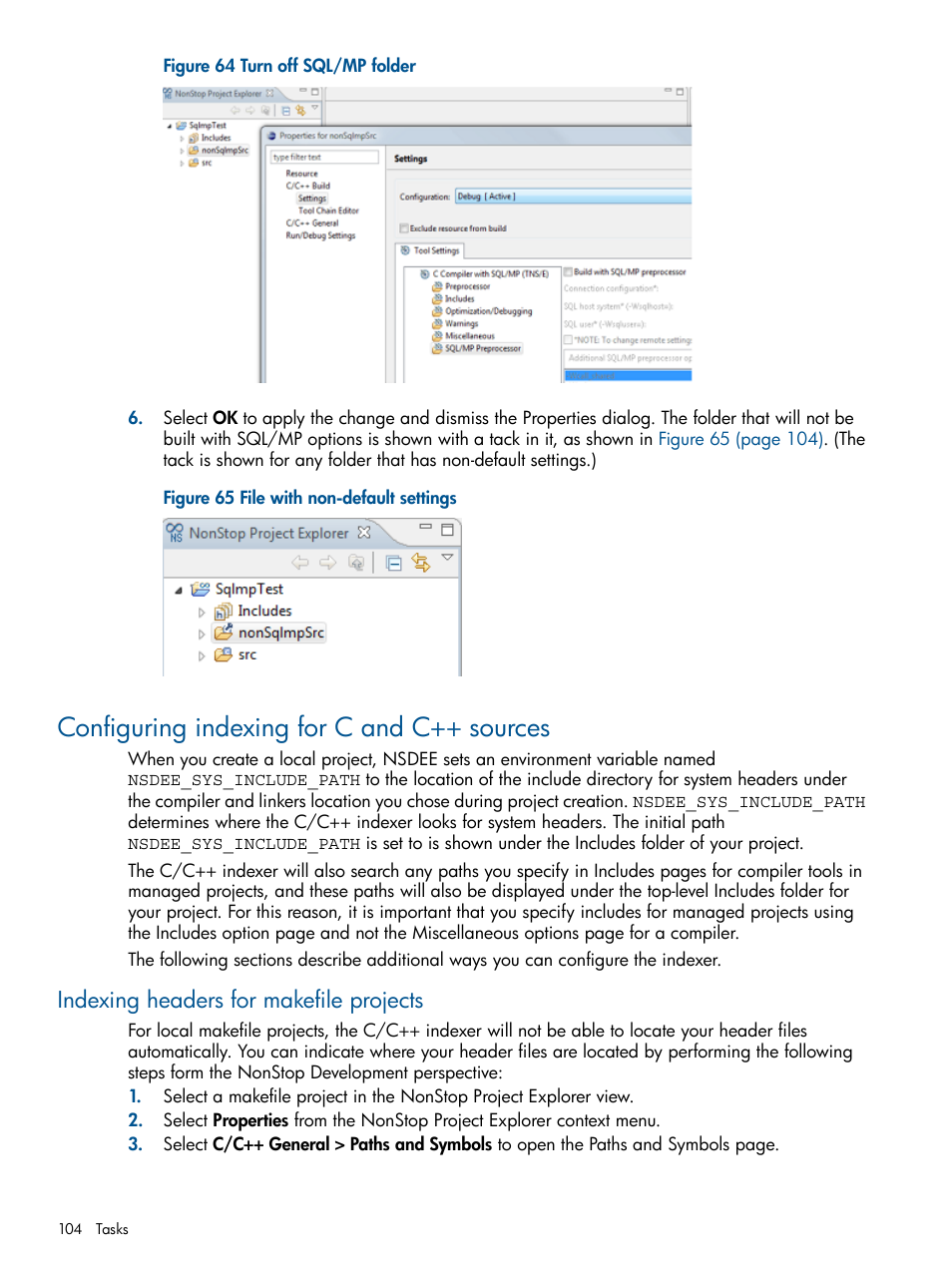 Configuring indexing for c and c++ sources, Indexing headers for makefile projects, Turn off sql/mp folder | File with non-default settings | HP Integrity NonStop H-Series User Manual | Page 104 / 159