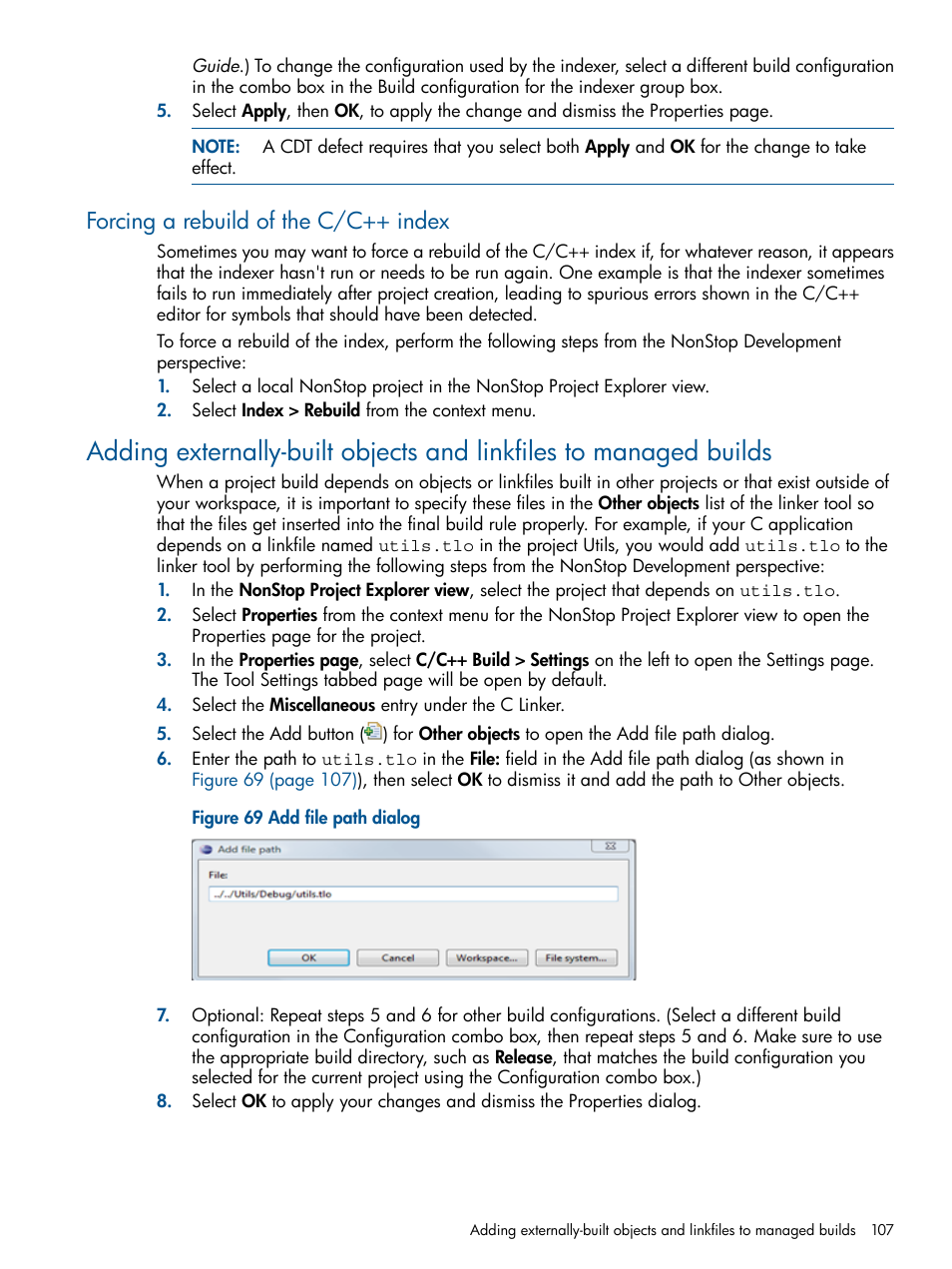 Forcing a rebuild of the c/c++ index, Add file path dialog | HP Integrity NonStop H-Series User Manual | Page 107 / 159