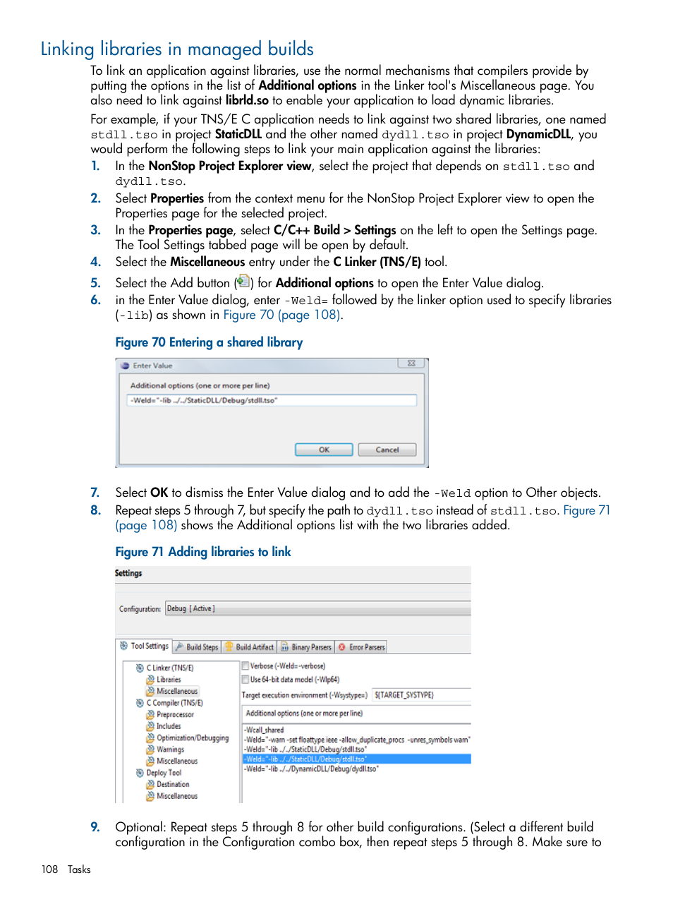 Linking libraries in managed builds, Entering a shared library, Adding libraries to link | HP Integrity NonStop H-Series User Manual | Page 108 / 159