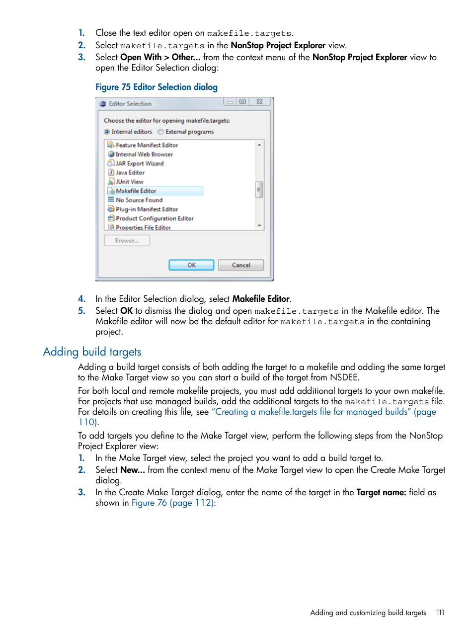 Adding build targets, Editor selection dialog | HP Integrity NonStop H-Series User Manual | Page 111 / 159