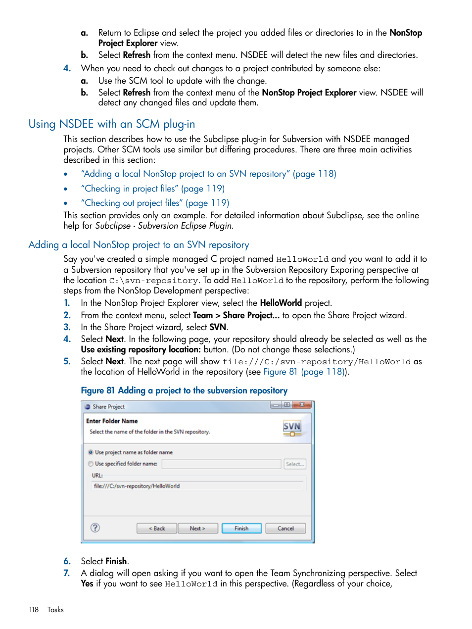 Using nsdee with an scm plug-in, Adding a project to the subversion repository | HP Integrity NonStop H-Series User Manual | Page 118 / 159