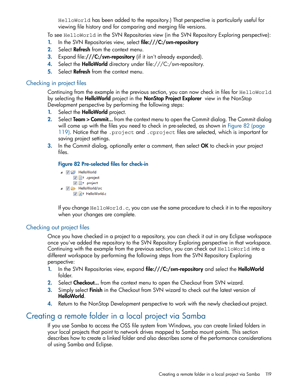 Checking in project files, Checking out project files, Pre-selected files for check-in | Creating a remote folder in a local project | HP Integrity NonStop H-Series User Manual | Page 119 / 159