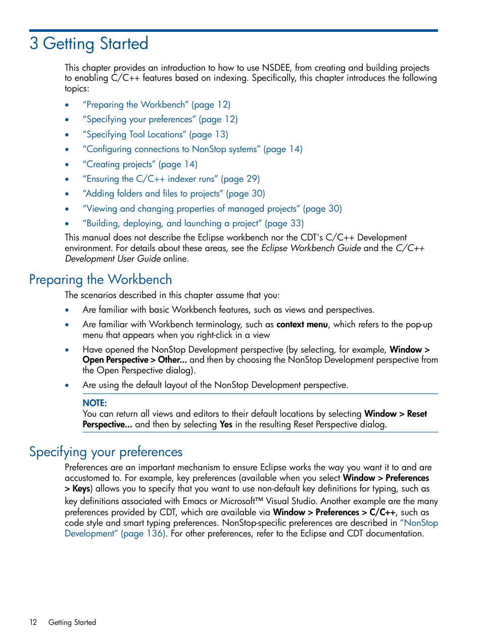 3 getting started, Preparing the workbench, Specifying your preferences | HP Integrity NonStop H-Series User Manual | Page 12 / 159