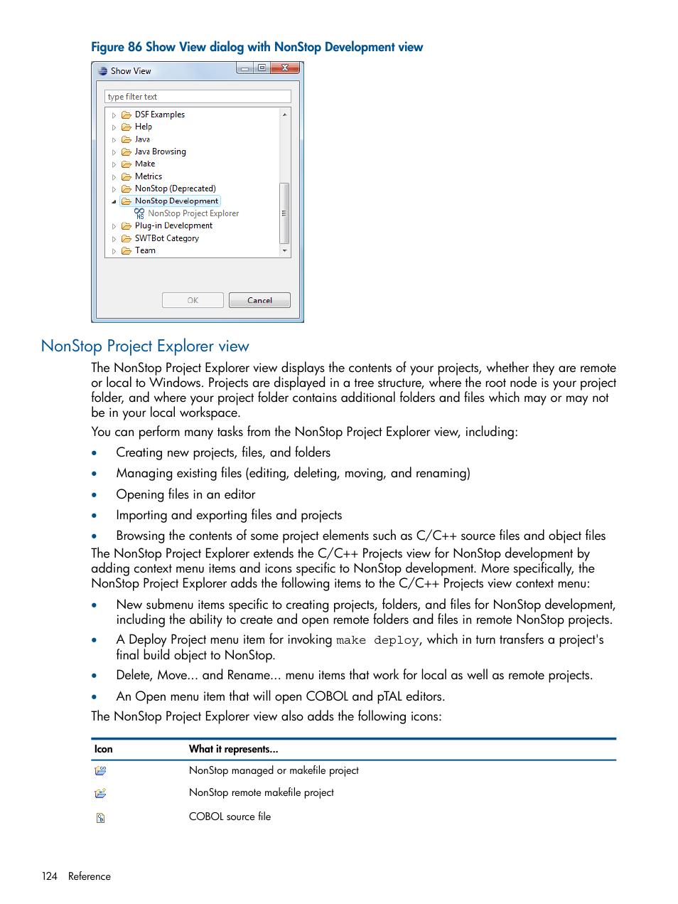 Nonstop project explorer view, Show view dialog with nonstop development view | HP Integrity NonStop H-Series User Manual | Page 124 / 159
