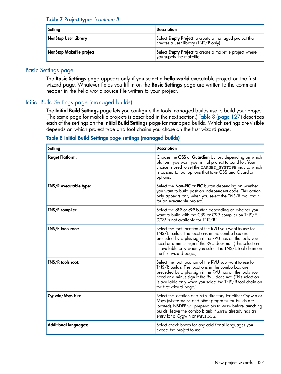 Basic settings page, Initial build settings page (managed builds) | HP Integrity NonStop H-Series User Manual | Page 127 / 159