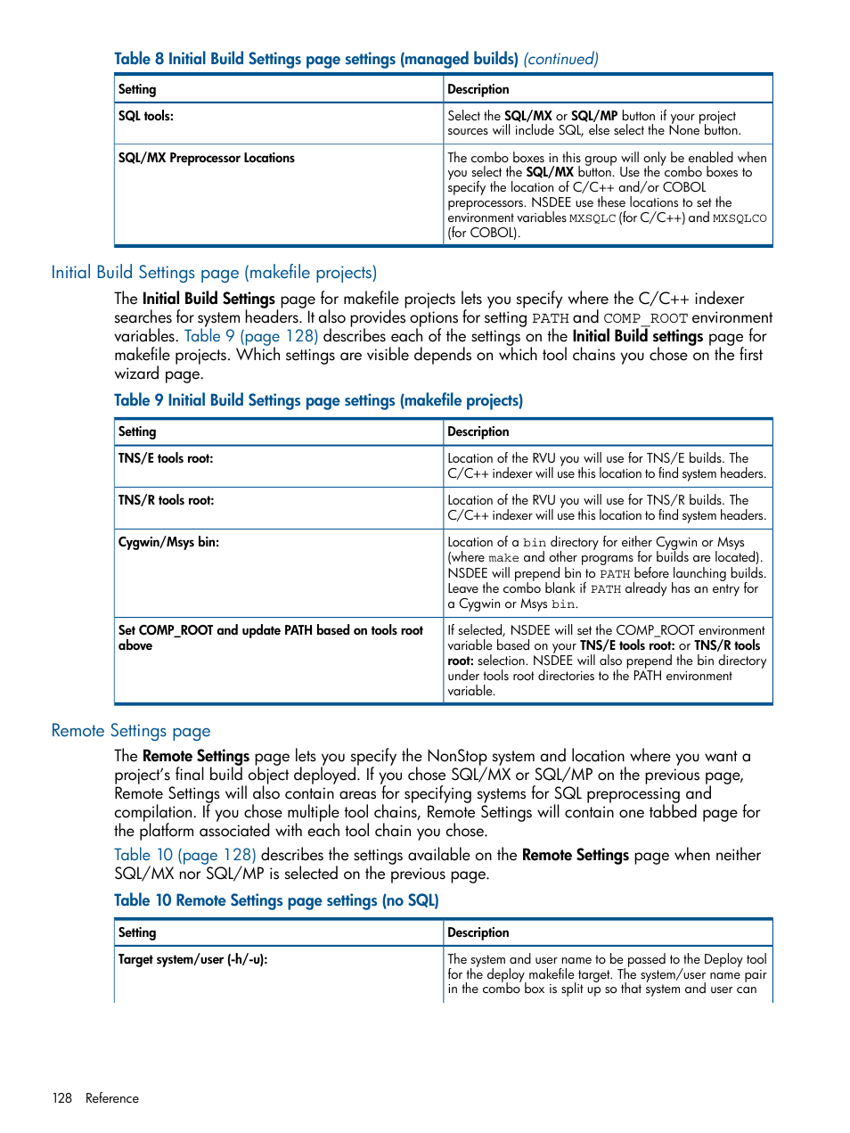 Initial build settings page (makefile projects), Remote settings page | HP Integrity NonStop H-Series User Manual | Page 128 / 159