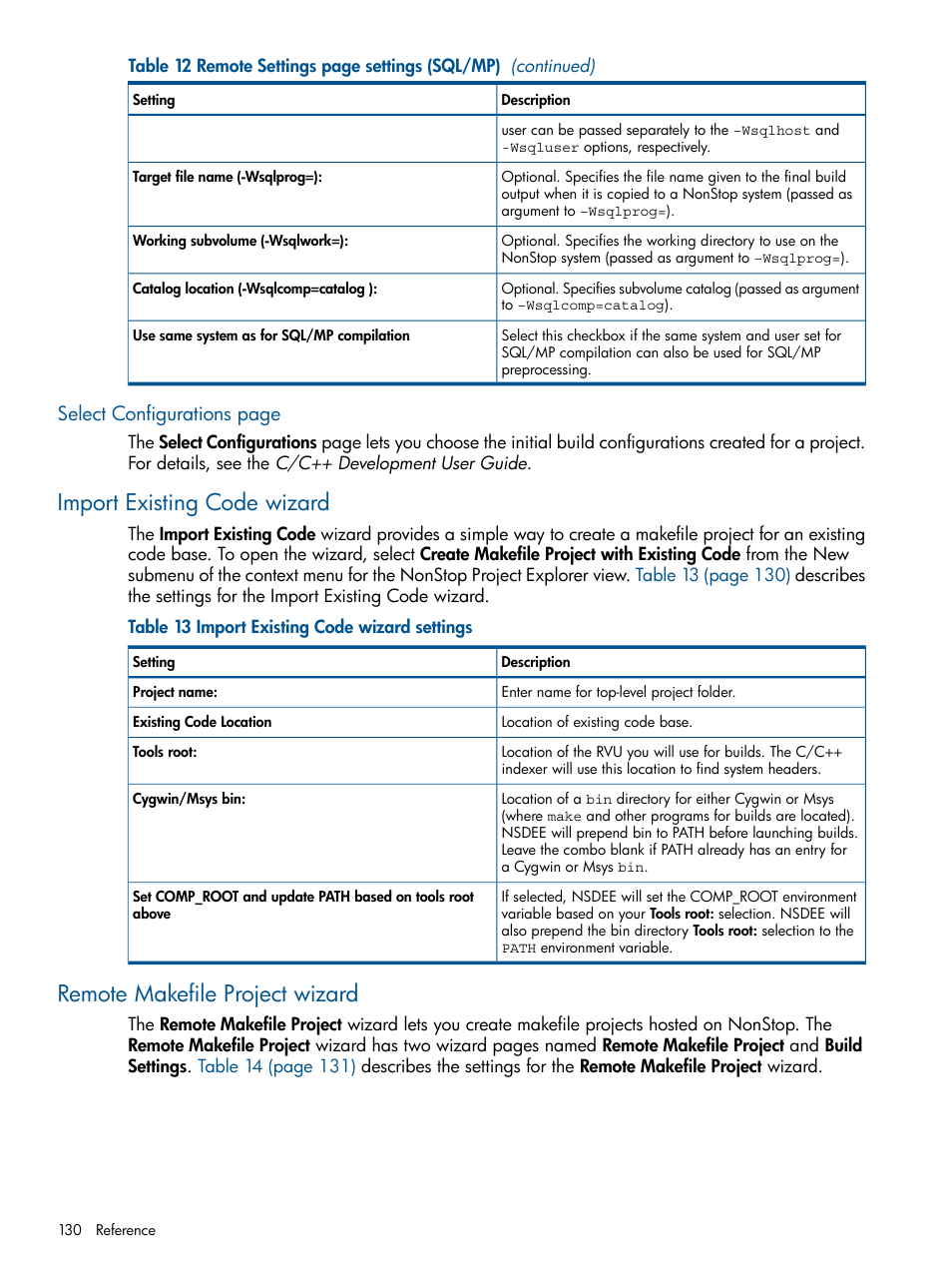 Import existing code wizard, Remote makefile project wizard, Import existing code wizard settings | Select configurations page | HP Integrity NonStop H-Series User Manual | Page 130 / 159