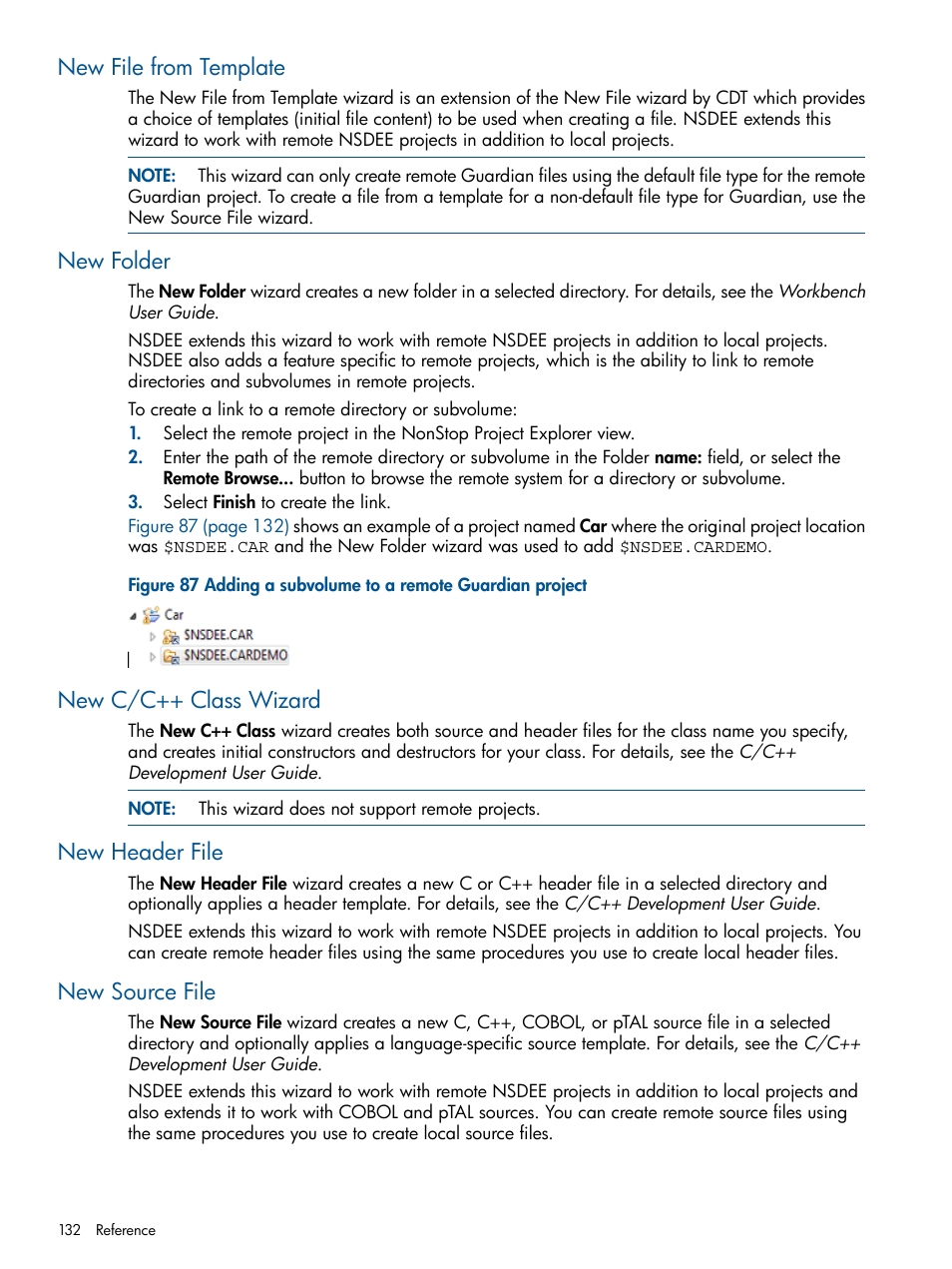 New file from template, New folder, New c/c++ class wizard | New header file, New source file, Adding a subvolume to a remote guardian project | HP Integrity NonStop H-Series User Manual | Page 132 / 159