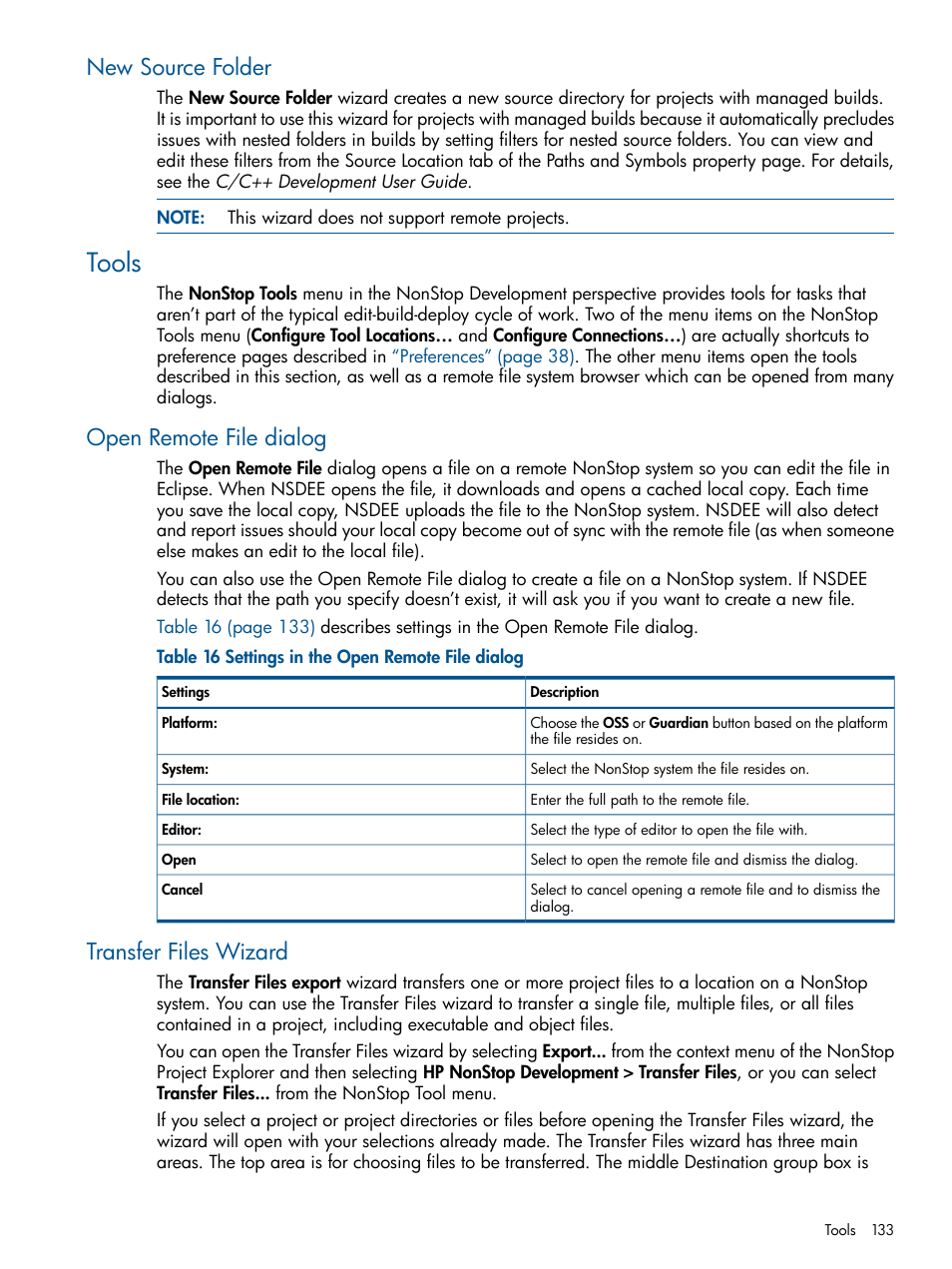 New source folder, Tools, Open remote file dialog | Transfer files wizard, Open remote file dialog transfer files wizard, Settings in the open remote file dialog | HP Integrity NonStop H-Series User Manual | Page 133 / 159