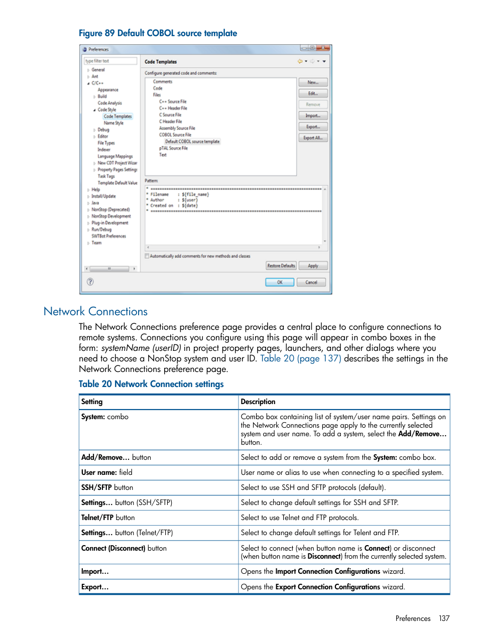 Network connections, Default cobol source template, Network connection settings | HP Integrity NonStop H-Series User Manual | Page 137 / 159