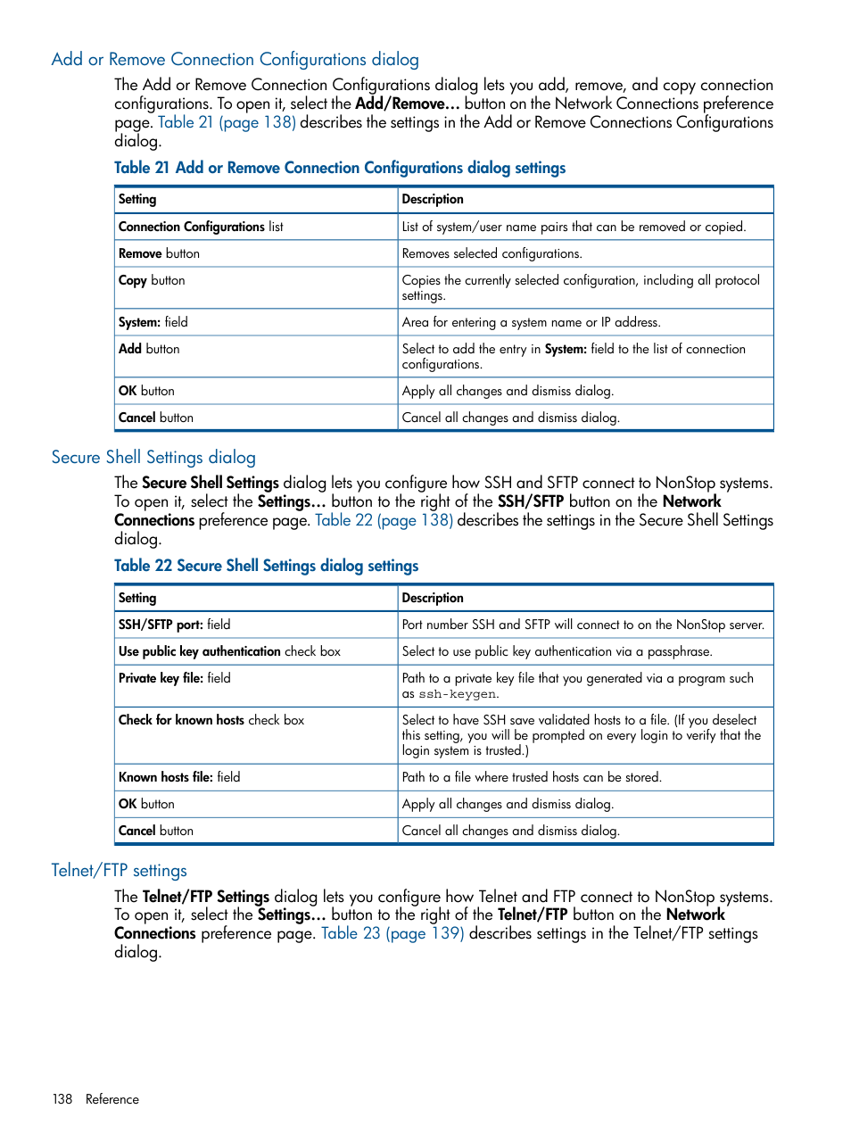 Add or remove connection configurations dialog, Secure shell settings dialog, Telnet/ftp settings | Secure shell settings dialog settings | HP Integrity NonStop H-Series User Manual | Page 138 / 159