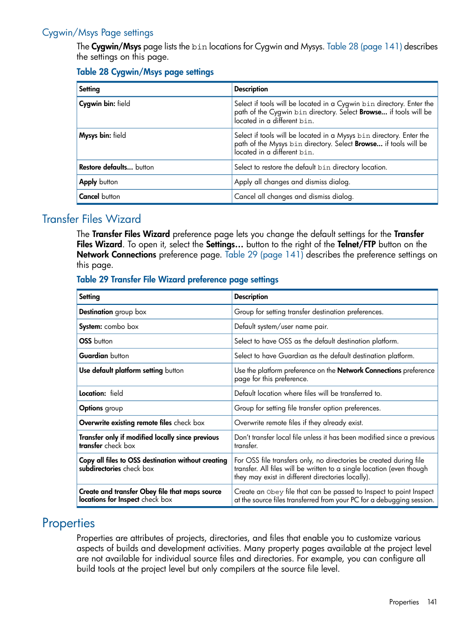 Transfer files wizard, Properties, Cygwin/msys page settings | HP Integrity NonStop H-Series User Manual | Page 141 / 159