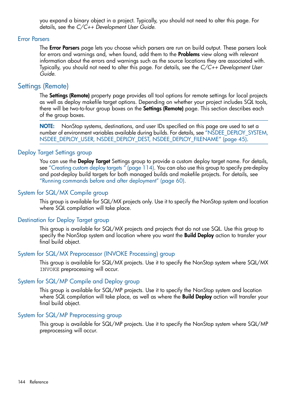 Error parsers, Settings (remote), Deploy target settings group | System for sql/mx compile group, Destination for deploy target group, System for sql/mp compile and deploy group, System for sql/mp preprocessing group | HP Integrity NonStop H-Series User Manual | Page 144 / 159