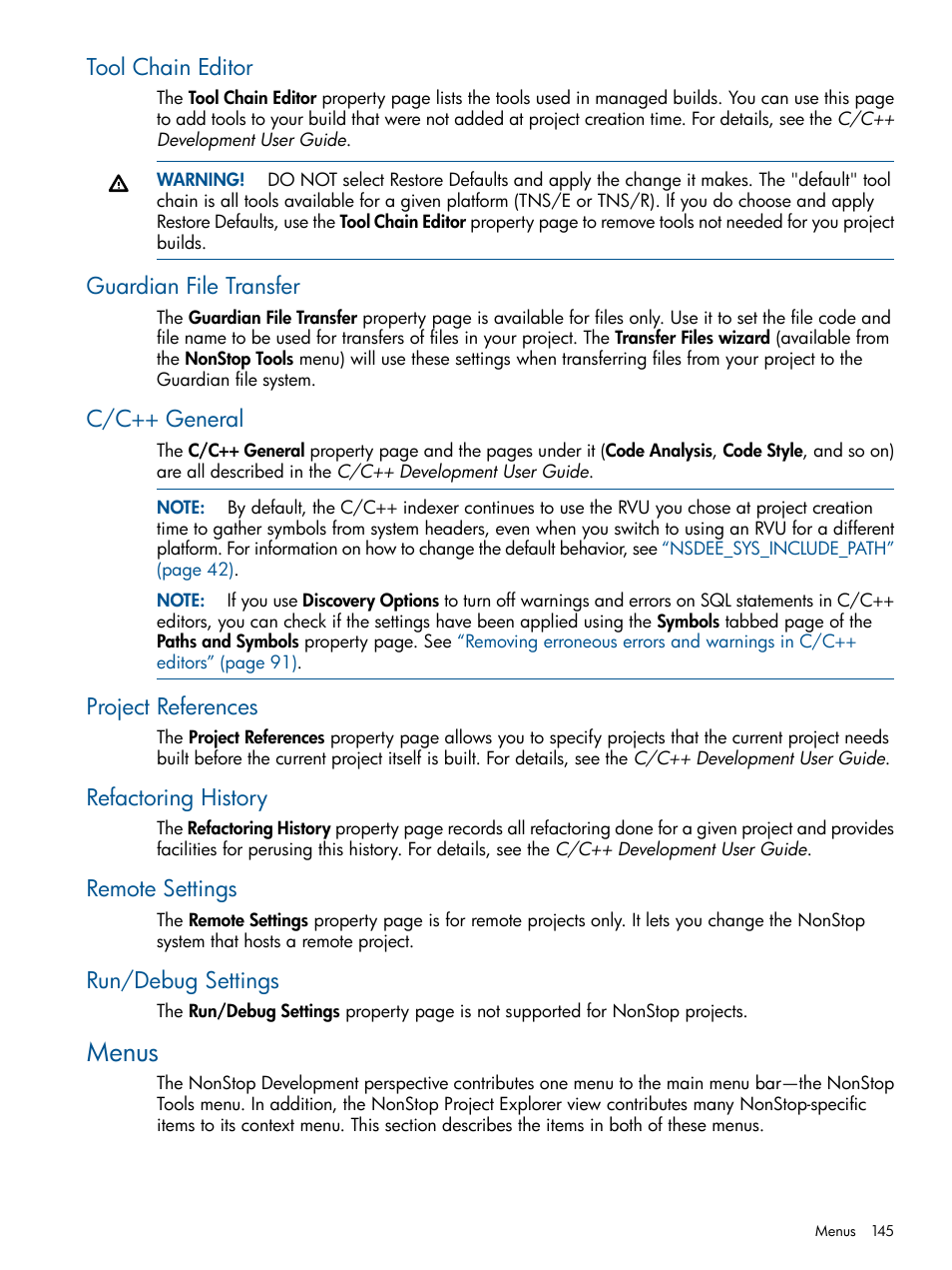 Tool chain editor, Guardian file transfer, C/c++ general | Project references, Refactoring history, Remote settings, Run/debug settings, Menus | HP Integrity NonStop H-Series User Manual | Page 145 / 159