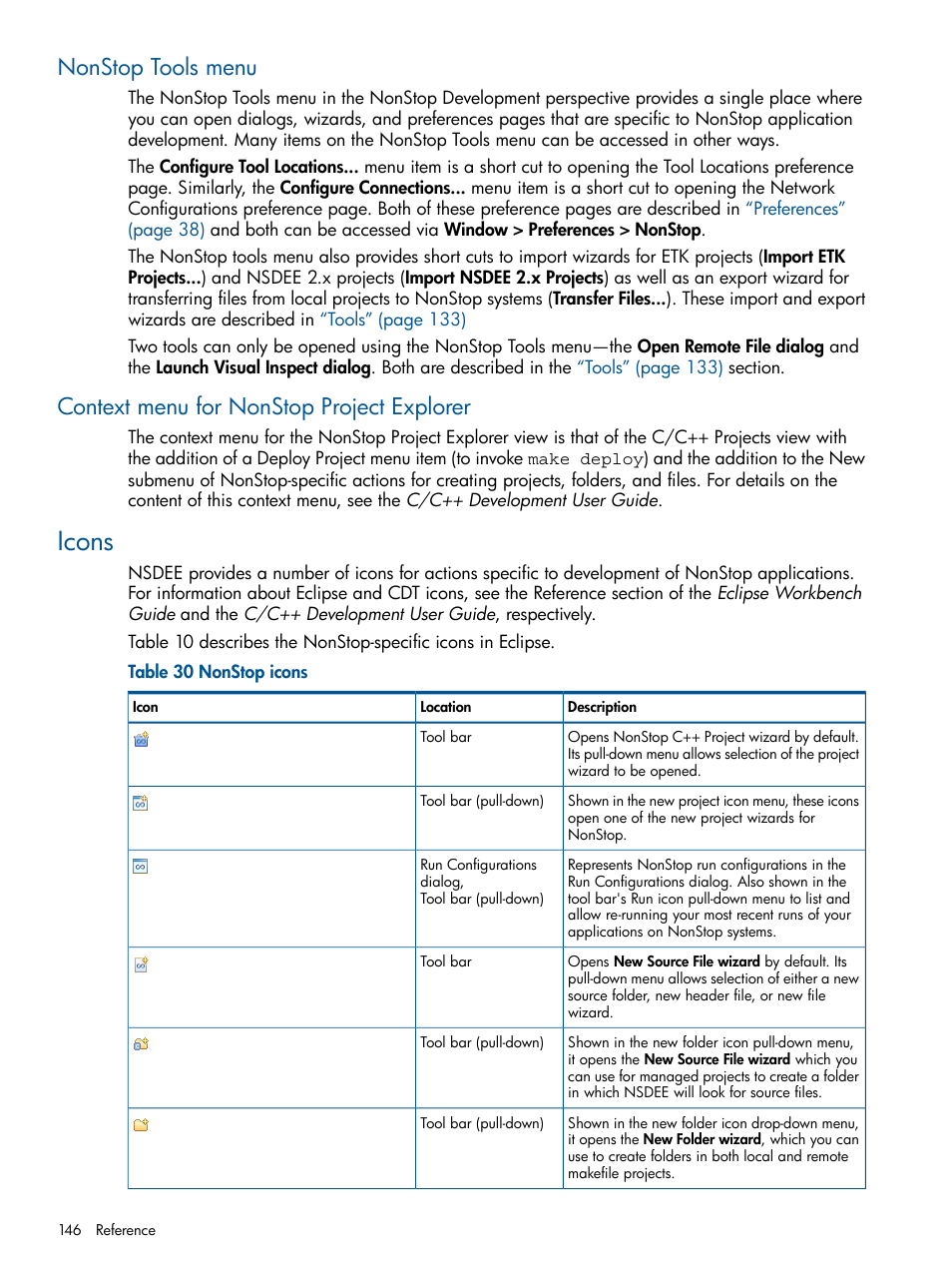 Nonstop tools menu, Context menu for nonstop project explorer, Icons | Nonstop icons | HP Integrity NonStop H-Series User Manual | Page 146 / 159