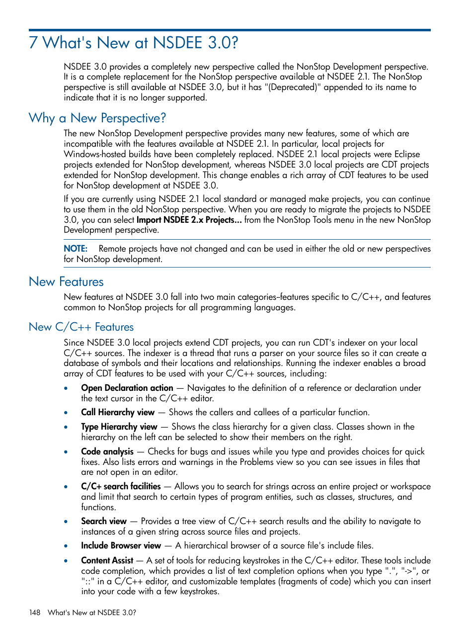 7 what's new at nsdee 3.0, Why a new perspective, New features | New c/c++ features, Why a new perspective? new features | HP Integrity NonStop H-Series User Manual | Page 148 / 159