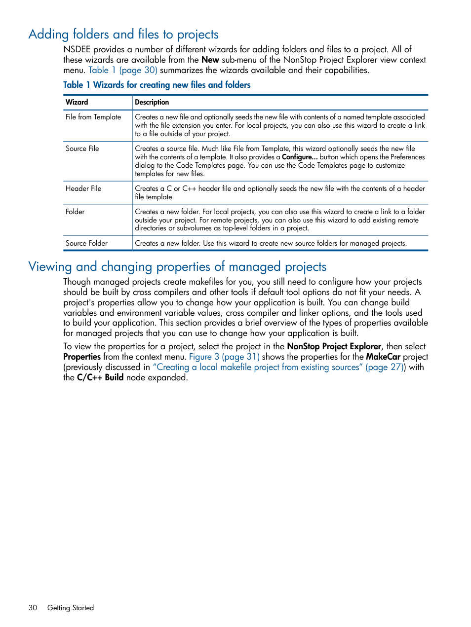 Adding folders and files to projects, Wizards for creating new files and folders, Viewing and changing properties of managed | Viewing and | HP Integrity NonStop H-Series User Manual | Page 30 / 159