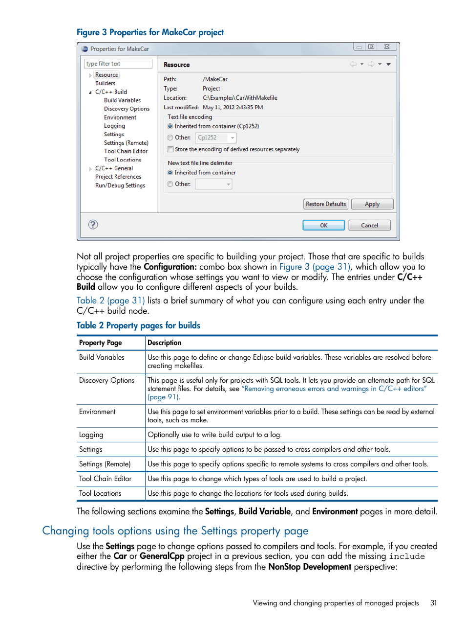 Properties for makecar project | HP Integrity NonStop H-Series User Manual | Page 31 / 159