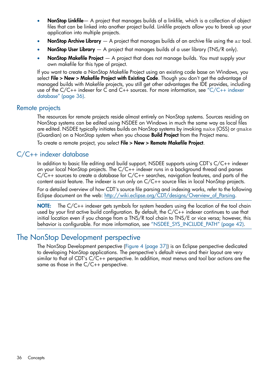 Remote projects, C/c++ indexer database, The nonstop development perspective | Remote projects c/c++ indexer database | HP Integrity NonStop H-Series User Manual | Page 36 / 159