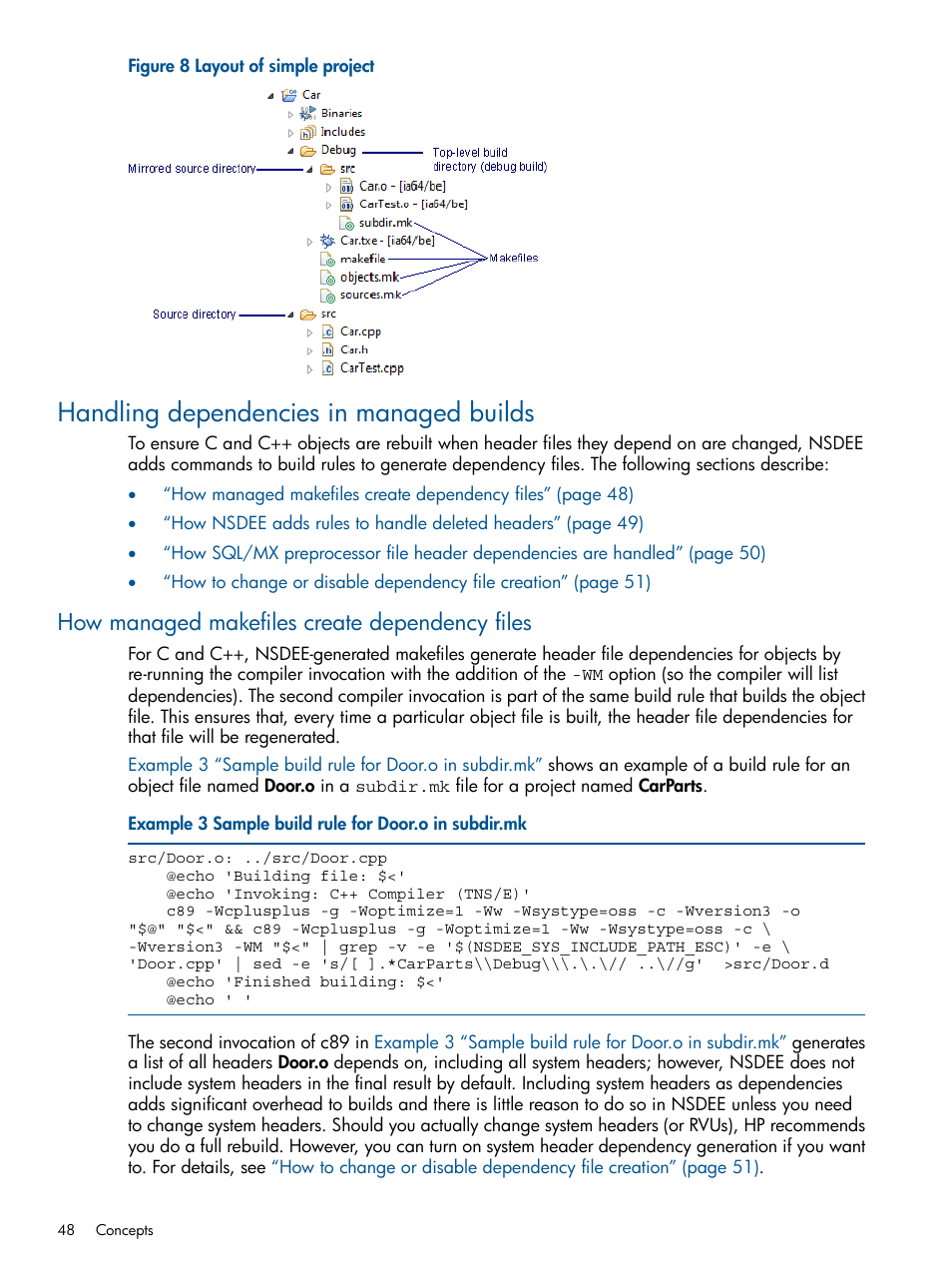 Handling dependencies in managed builds, How managed makefiles create dependency files, Layout of simple project | Sample build rule for door.o in subdir.mk | HP Integrity NonStop H-Series User Manual | Page 48 / 159