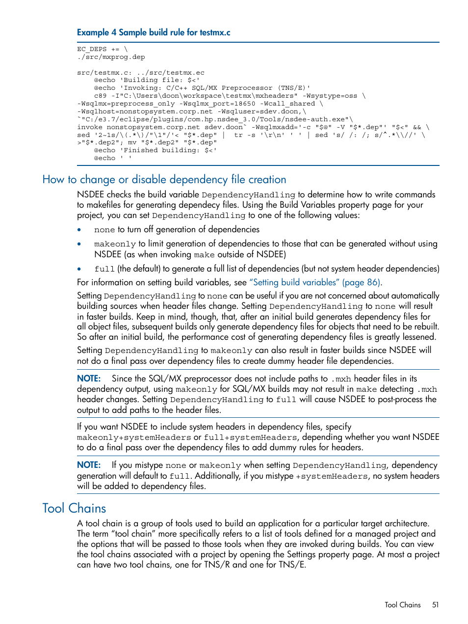 How to change or disable dependency file creation, Tool chains, Sample build rule for testmx.c | HP Integrity NonStop H-Series User Manual | Page 51 / 159