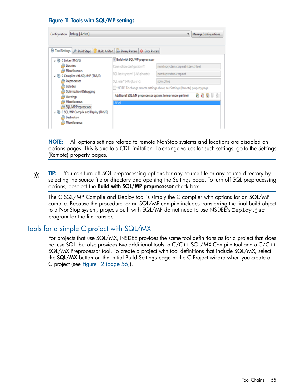 Tools for a simple c project with sql/mx, Tools with sql/mp settings | HP Integrity NonStop H-Series User Manual | Page 55 / 159