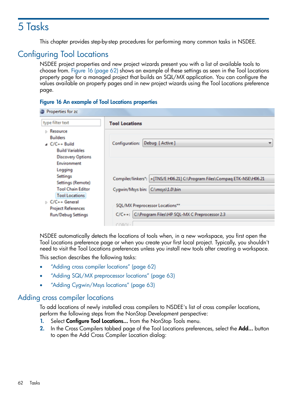 5 tasks, Configuring tool locations, Adding cross compiler locations | An example of tool locations properties | HP Integrity NonStop H-Series User Manual | Page 62 / 159