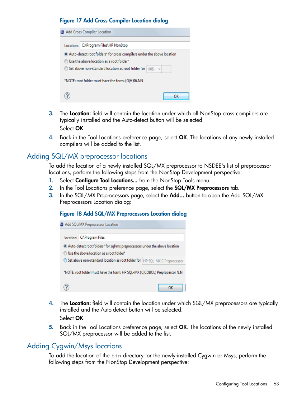Adding sql/mx preprocessor locations, Adding cygwin/msys locations, Add cross compiler location dialog | Add sql/mx preprocessors location dialog | HP Integrity NonStop H-Series User Manual | Page 63 / 159