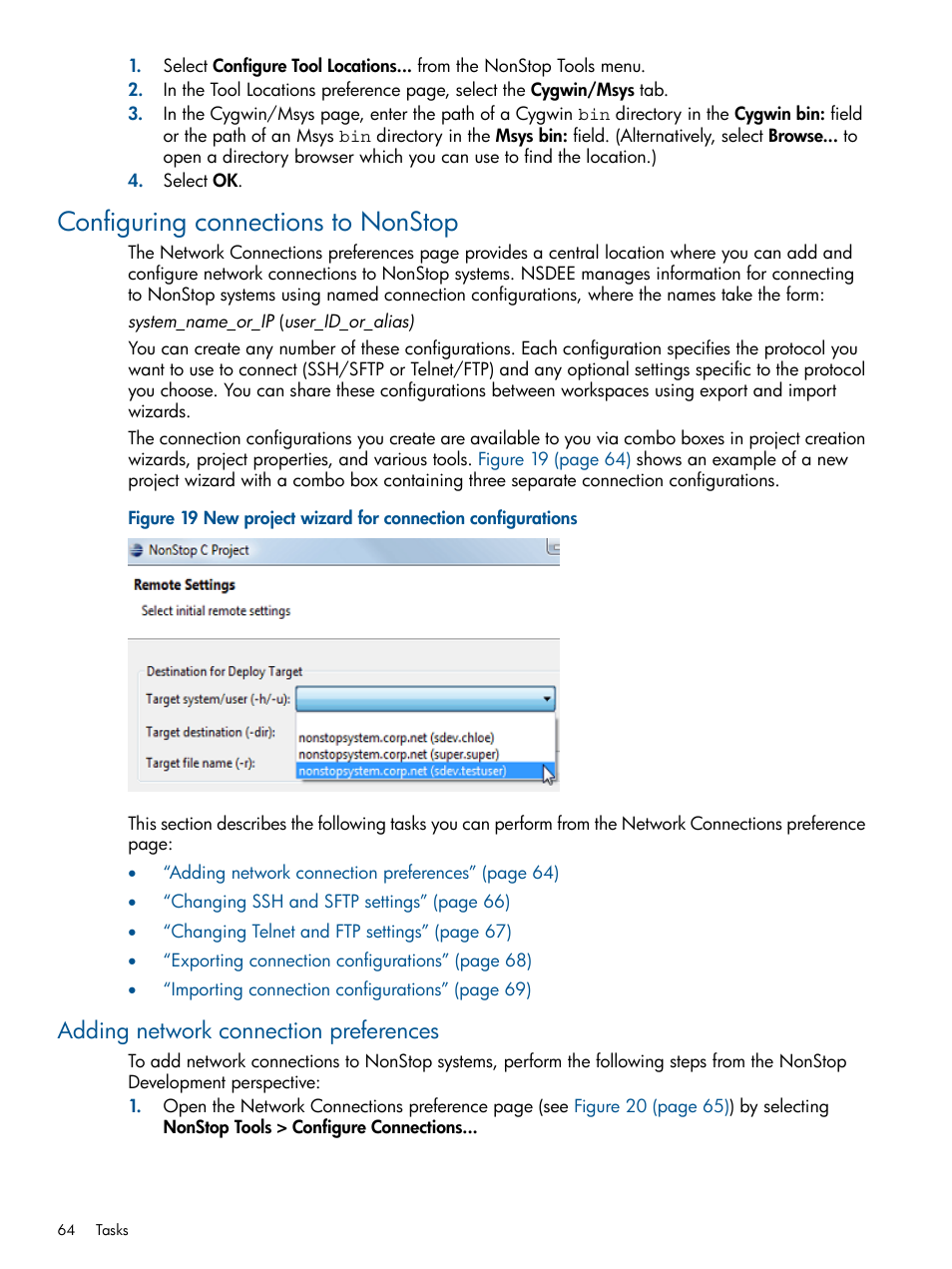 Configuring connections to nonstop, Adding network connection preferences, New project wizard for connection configurations | Configuring connections | HP Integrity NonStop H-Series User Manual | Page 64 / 159